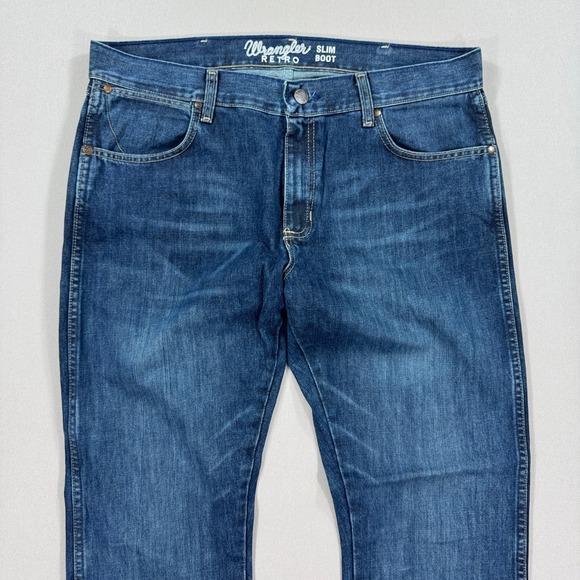 VTG Wrangler Pants Men's 35x32 Blue Dark Wash Retro Slim Bootcut Jeans Straight - Picture 2 of 8